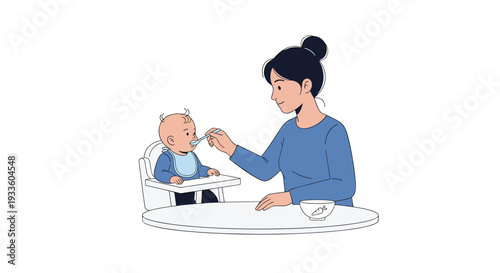 A smiling mother in a blue top is gently spoon-feeding a baby wearing a bib, seated in a white high chair at a round table.