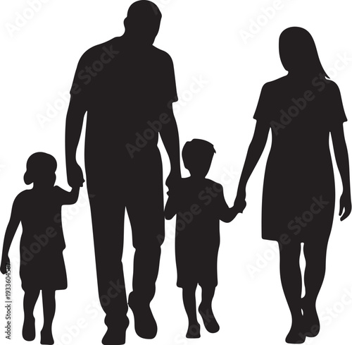 Black silhouette of family with two children walking hand in hand
