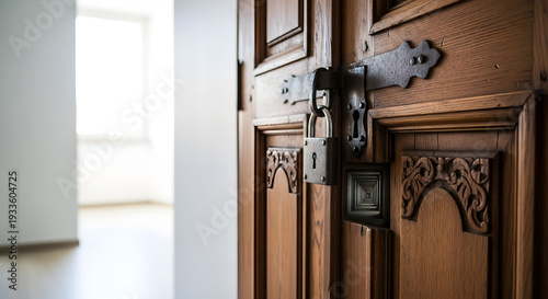 Close-up of an old wooden door with intricate carvings and a metal latch in a bright room with white walls and a window
