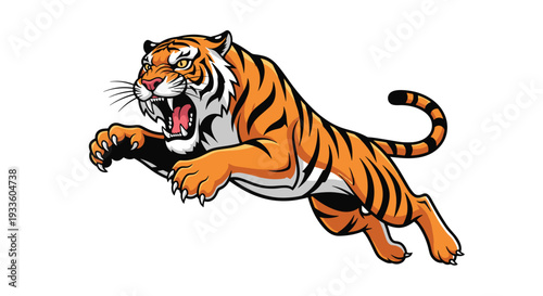 A powerful tiger with orange and black stripes is captured mid-leap, roaring fiercely with its mouth open and sharp claws extended.