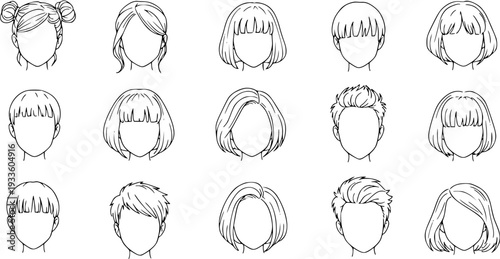 Anime Manga Hairstyle Collection: Diverse set of female and male character haircuts, featuring bobs, updos, short, and long styles, rendered as line art with blank faces for design.