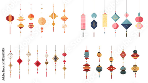 Hanging Chinese New Year lantern and ornament set with tassels, beads and paper decorations in red and gold, isolated on white background for holiday design
