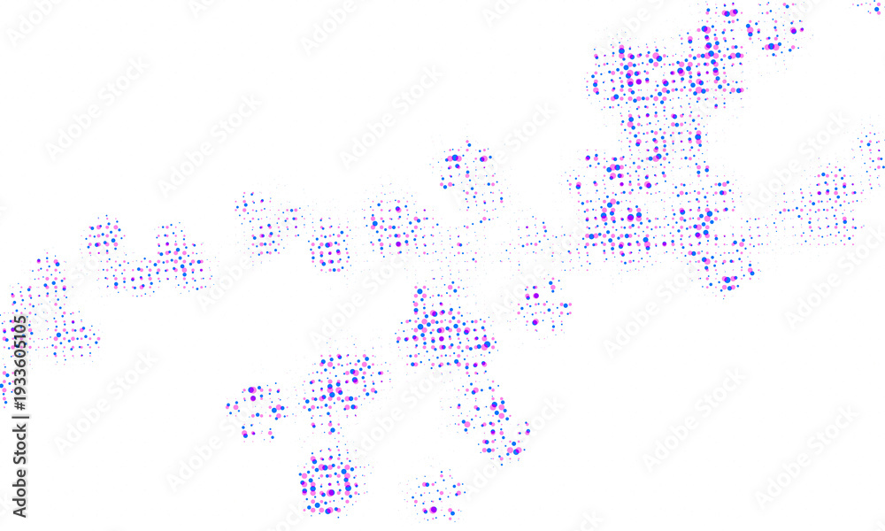 Obraz premium Abstract colorful halftone dot pattern with scattered purple and blue circles, pixelated noise texture, retro pop art style, digital data cloud, scientific cell structure, isolated background