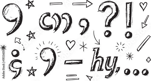 A collection of hand-drawn punctuation marks and symbols in a sketchy black ink style, featuring question marks, exclamation points, commas, and decorative doodles like stars and hearts.
