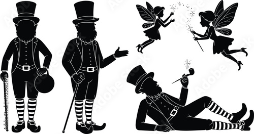 St Patrick's Day leprechaun and fairy silhouettes, Irish folklore characters festive vector illustration set