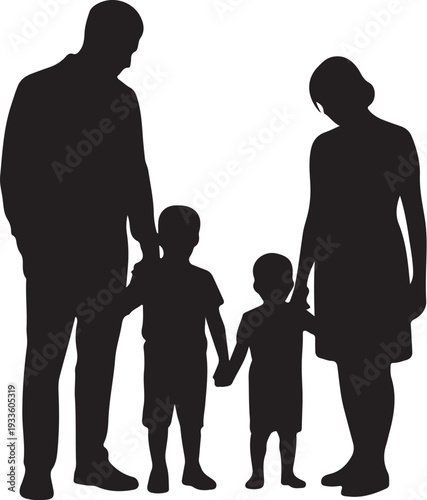 Black silhouette of family with two children white background