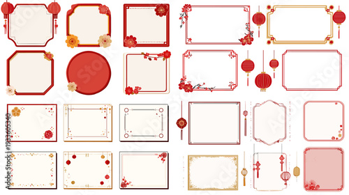 Chinese New Year frame and border collection with red and gold labels, banners and decorative corners, isolated on white background for greeting cards and posters