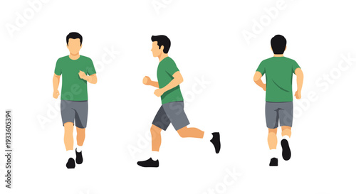 Three flat illustrated views of a male runner wearing a green t-shirt and dark grey shorts, depicted from the side, front, and back, on a white background.