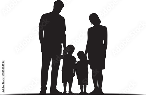 Black silhouette of family with two children white background