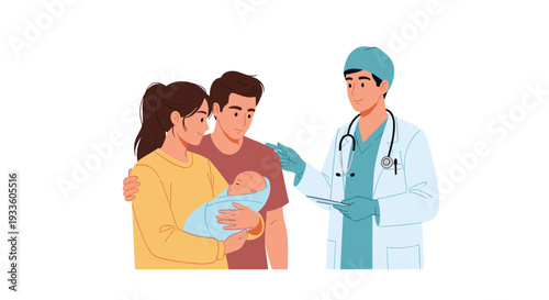 A male doctor in scrubs and a lab coat is talking to a new mother holding a swaddled baby, with the father standing next to her, on a white background.