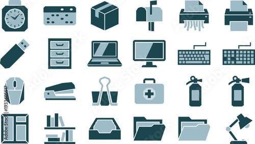 Collection of various monochromatic office supply and computer equipment icons displayed neatly.