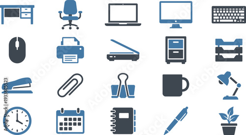 Minimalist vector icons illustrating a variety of essential office equipment and stationery items.