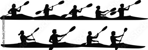 Silhouette collection of people kayaking and canoeing isolated on white background, water sport adventure and outdoor activity concept set
