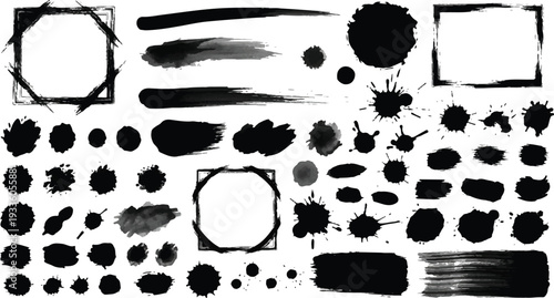 A massive collection of high-contrast black ink splatters, paint drips, textured blobs, and grunge brush strokes with decorative frames for distressed designs.