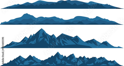 Blue Mountain Range Landscape Set Isolated on White Background, Layered Hills and Peaks Panorama Nature Illustration Collection for Design