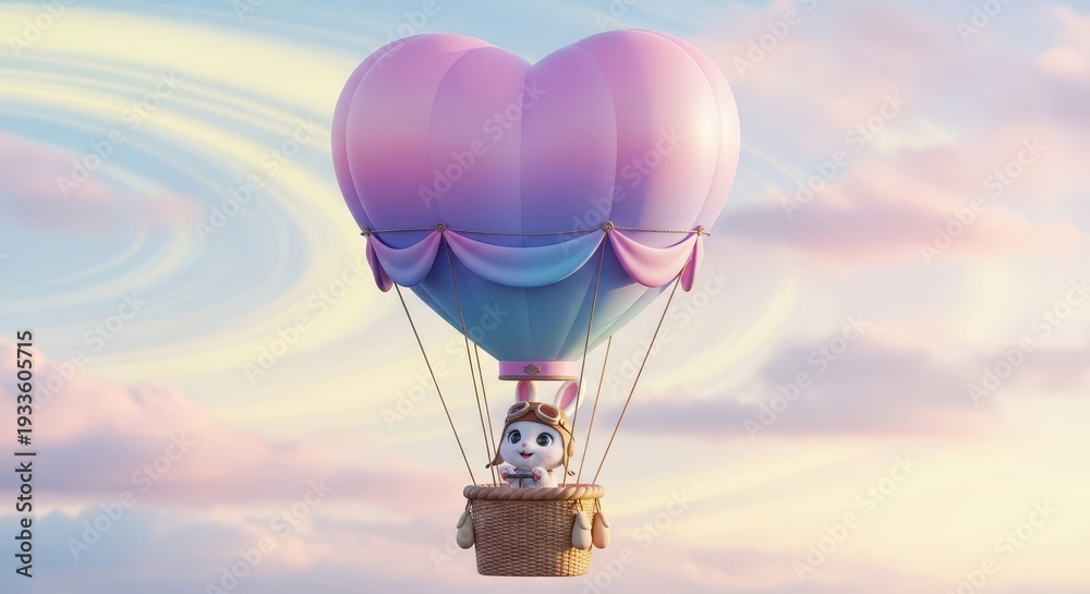 Fototapeta premium Adorable stylized rabbit character pilots a heart shaped hot air balloon across a pastel sky