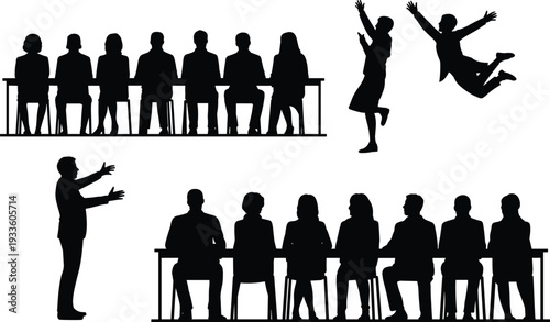 Silhouette of Business People Meeting at Conference Table with Presentation and Celebrating Success Isolated on White Background, Corporate Teamwork Concept Illustration