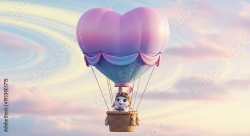 Adorable stylized rabbit character pilots a heart shaped hot air balloon across a pastel sky