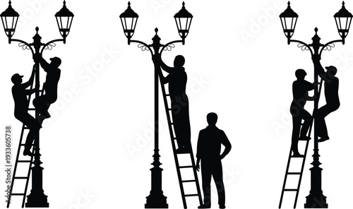 Silhouette collection of workers installing and repairing vintage street lamps on ladders isolated on white background, urban maintenance concept set