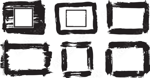 A set of grungy, hand-painted black ink frames and borders with distressed textures and thick brush strokes, perfect for vintage or urban designs.