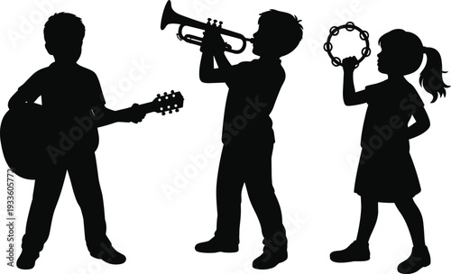Silhouette of children playing guitar, trumpet and tambourine isolated on white background, kids music band and education concept