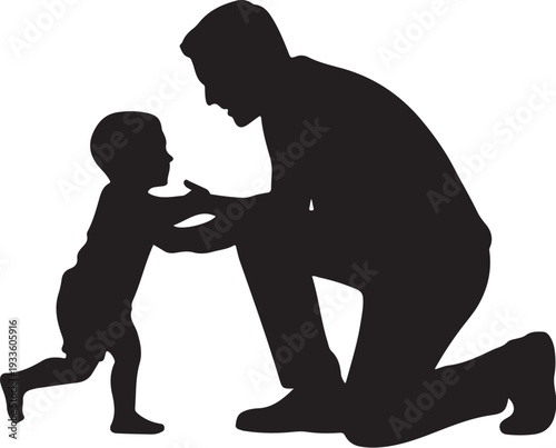 Black silhouette of man helping toddler walk baby child