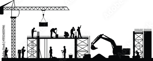 Silhouette of Construction Workers and Heavy Machinery on Building Site with Crane and Excavator Industrial Development Concept Illustration Urban Infrastructure Project Background