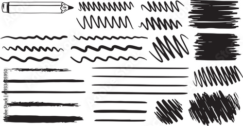 Hand drawn underline set. Marker brush strokes collection. Scribble doodle lines for text highlight. Black ink sketch dividers.