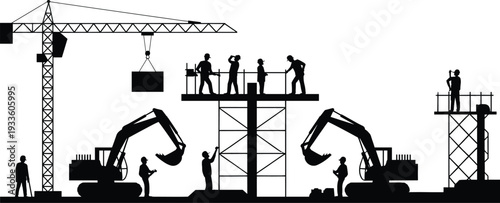 Silhouette of Construction Workers with Crane and Excavators on Building Site, Industrial Engineering Infrastructure Development and Urban Architecture Project Concept Illustration