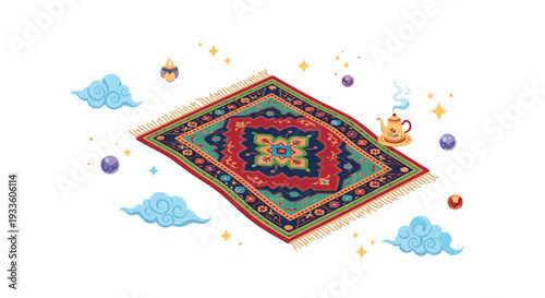 A vibrant green and red magic carpet floats diagonally among light blue clouds, a steaming teapot, and colorful orbs.