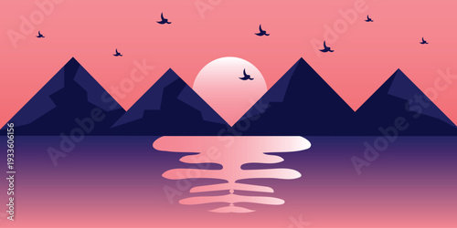 Sunset Beach Background with mountains