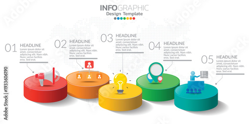Infographic with five steps and 3d podiums icons for business presentation progress strategy development ideas