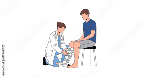 A female doctor kneels, fitting a grey and blue leg brace onto the right leg of a male patient sitting on a stool.