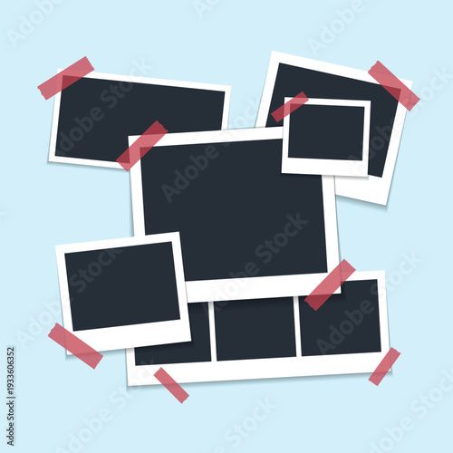 Photo frames fixed with adhesive tape on a soft color background. Photo frame on isolated.
