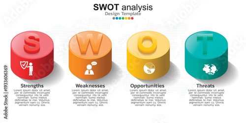 Swot analysis 3d cylinder infographics for business strategy planning with icons and text sections for strengths weaknesses opportunities threats