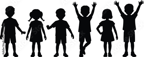 Silhouette of happy children standing and raising hands isolated on white background, kids group and childhood concept