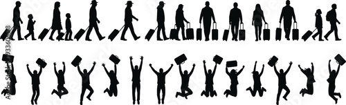 Family traveler silhouette set with suitcase, people walking and jumping isolated on white background travel illustration collection