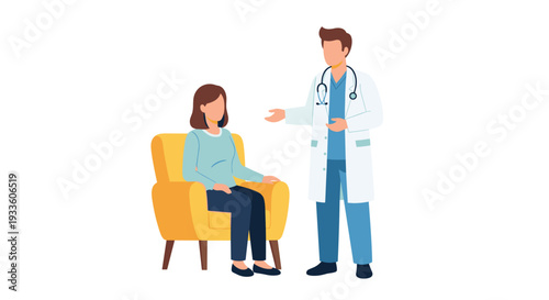 A male doctor in a white coat and stethoscope stands gesturing towards a female patient seated in a yellow armchair during a consultation.