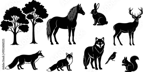 Forest animals silhouettes collection, wild woodland creatures trees vector illustration isolated black silhouette set bundle nature wildlife