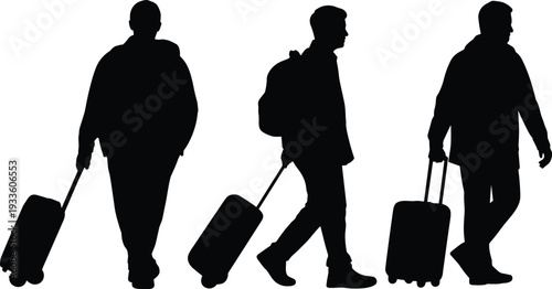 Silhouette of male traveler walking with rolling suitcase and backpack isolated on white background, travel journey and airport transportation concept