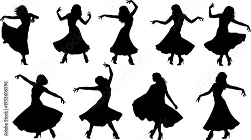 Female dance silhouettes collection, flamenco dancer dancing woman black silhouette vector illustration isolated set elegant movement pose bundle