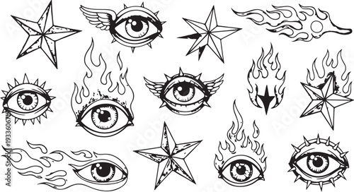 A diverse collection of hand-drawn graphics featuring messy ink scribble shapes and edgy punk rock symbols like flaming eyeballs, winged eyes, and nautical stars.