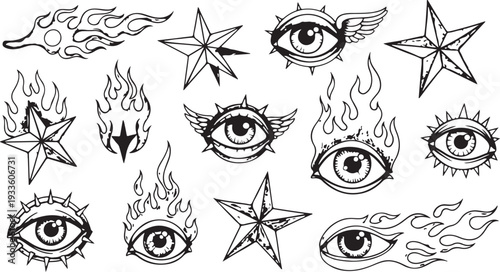 A diverse collection of hand-drawn graphics featuring messy ink scribble shapes and edgy punk rock symbols like flaming eyeballs, winged eyes, and nautical stars.