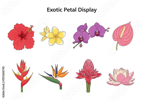 A vibrant collection of exotic flower illustrations, featuring a variety of tropical blooms with colorful petals and unique shapes