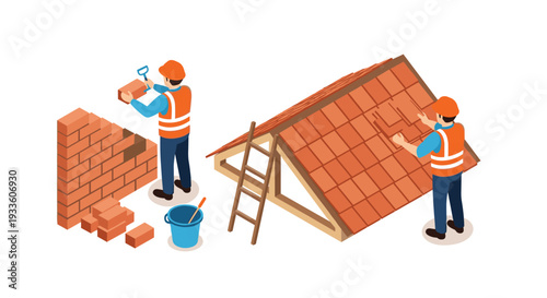 Two construction workers in hard hats and orange vests are laying bricks for a wall and installing roof tiles on a wooden structure.