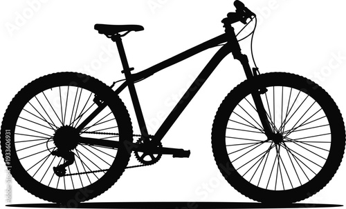 Silhouette of Mountain Bike Isolated on White Background, Black Bicycle Side View Illustration for Cycling Sport and Outdoor Adventure Design