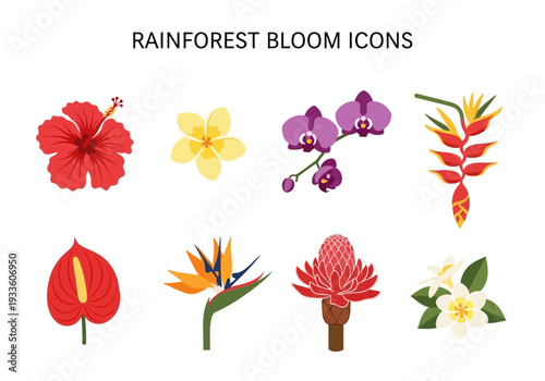 Set of colorful tropical rainforest bloom icons representing exotic flora from lush jungle environments