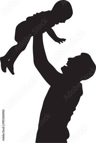 Black silhouette of man lifting baby child