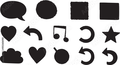 Photos A collection of bold, hand-drawn solid black icons and silhouettes, featuring hearts, stars, arrows, and speech bubbles with a charmingly imperfect, DIY aesthetic
