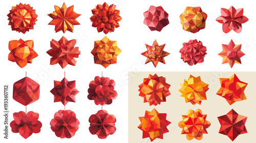 Colorful paper rosette ornaments and geometric star decorations set, ideal for festive holiday design, Chinese New Year decor, party backgrounds, crafts and greeting cards.